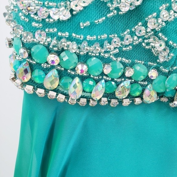 Rachel Allan 22w Prom Dress Teal Beaded Sequin Cap Sleeve Mesh Layered Maxi Long - Picture 16 of 16